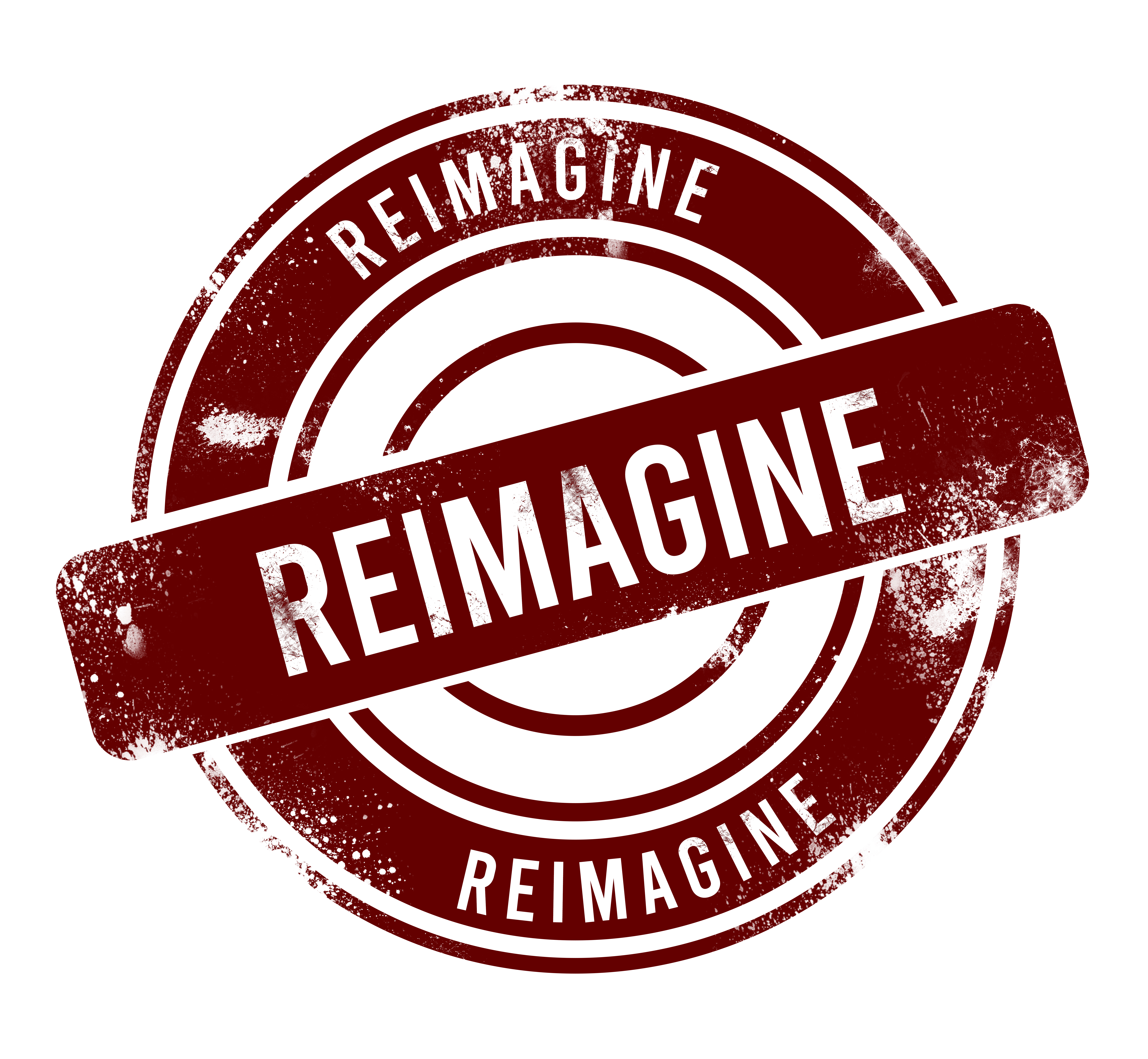 Reimagine - red round grunge button, stamp